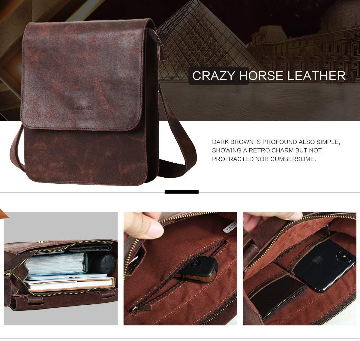 Leathario Crossbody Bag for Men Genuine Leather Small Messenger Shoulder Purse Side Vintage Satchel for Work Business Daily