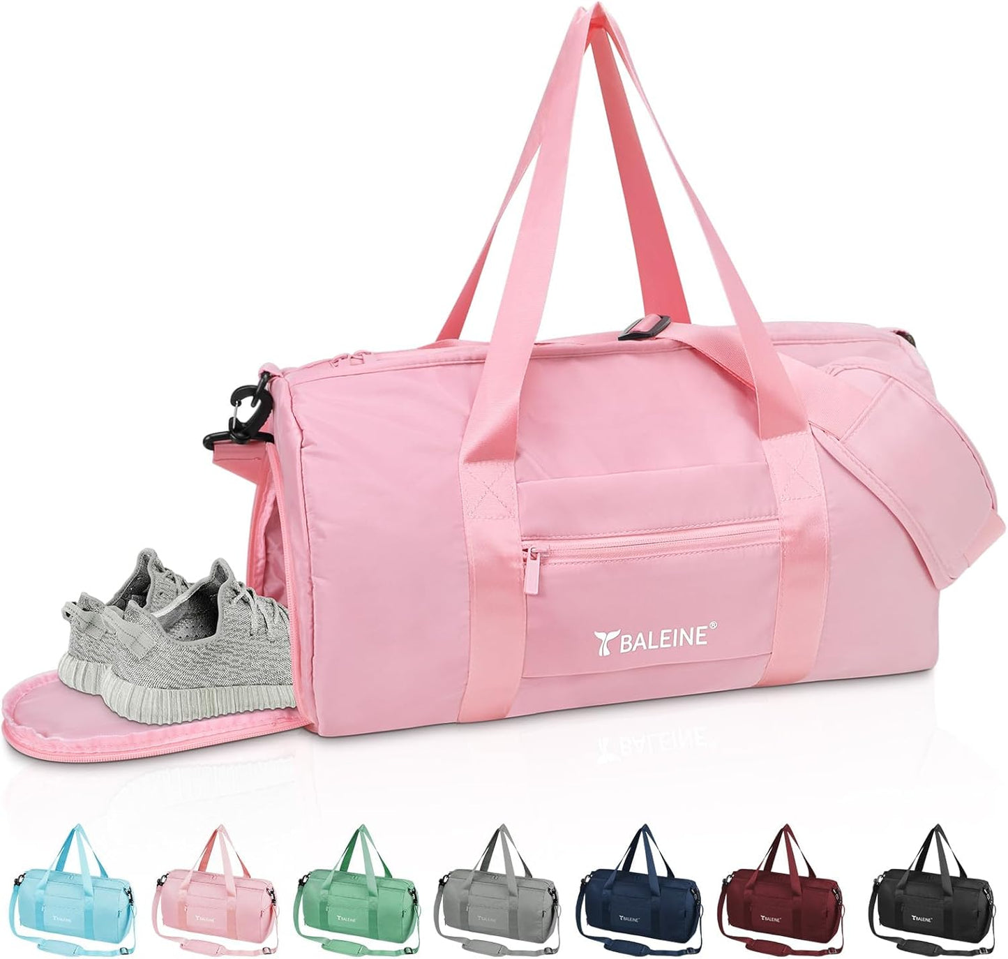 BALEINE Gym Bag for Women and Men, Duffel Bag for Sports, Gyms and Weekend Getaway, Waterproof Dufflebag with Shoe and Wet Clothes Compartments, Lightweight Carryon Gymbag (Pink)