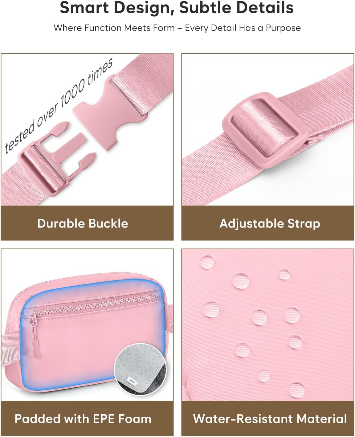 Fanny Packs for Women Cross Body Bag Waterproof Belt Bag with Adjustable Strap and Zipper Back Pocket Small Crossbody Bags Fashion Waist Packs for Workout Travelling(Light Pink)