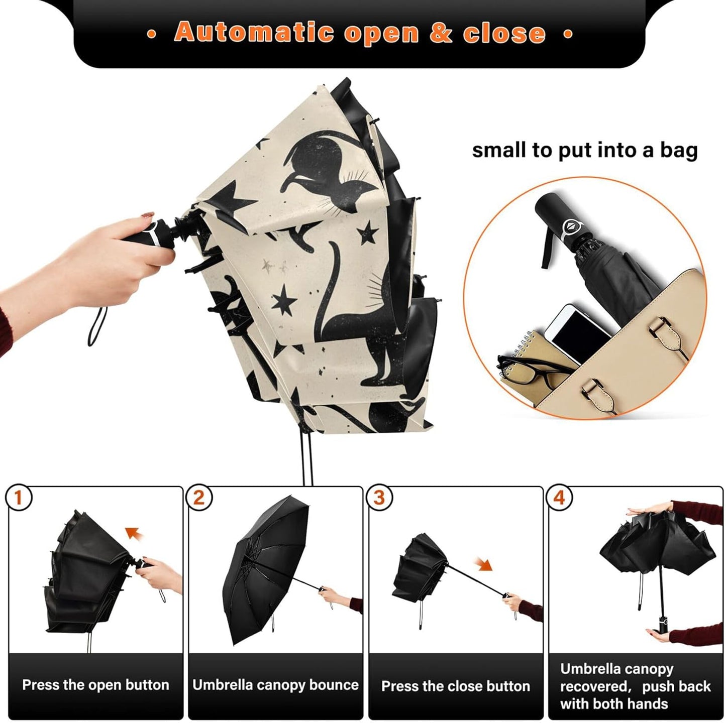 Automatic Folding Umbrella Windproof Strong, UV Protection Compact Black Gothic Moon Spider Webs and Bats Sun Rain Sun Rain Travel Umbrellas for Women Men