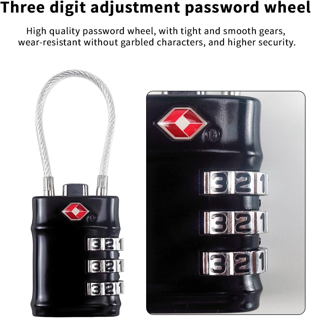 TSA Approved Cable Luggage Locks, 3 Digit Combination Padlocks, Travel Lock for Suitcases Bag, Alloy Body, Travel Accessories (Black 4 Pack)