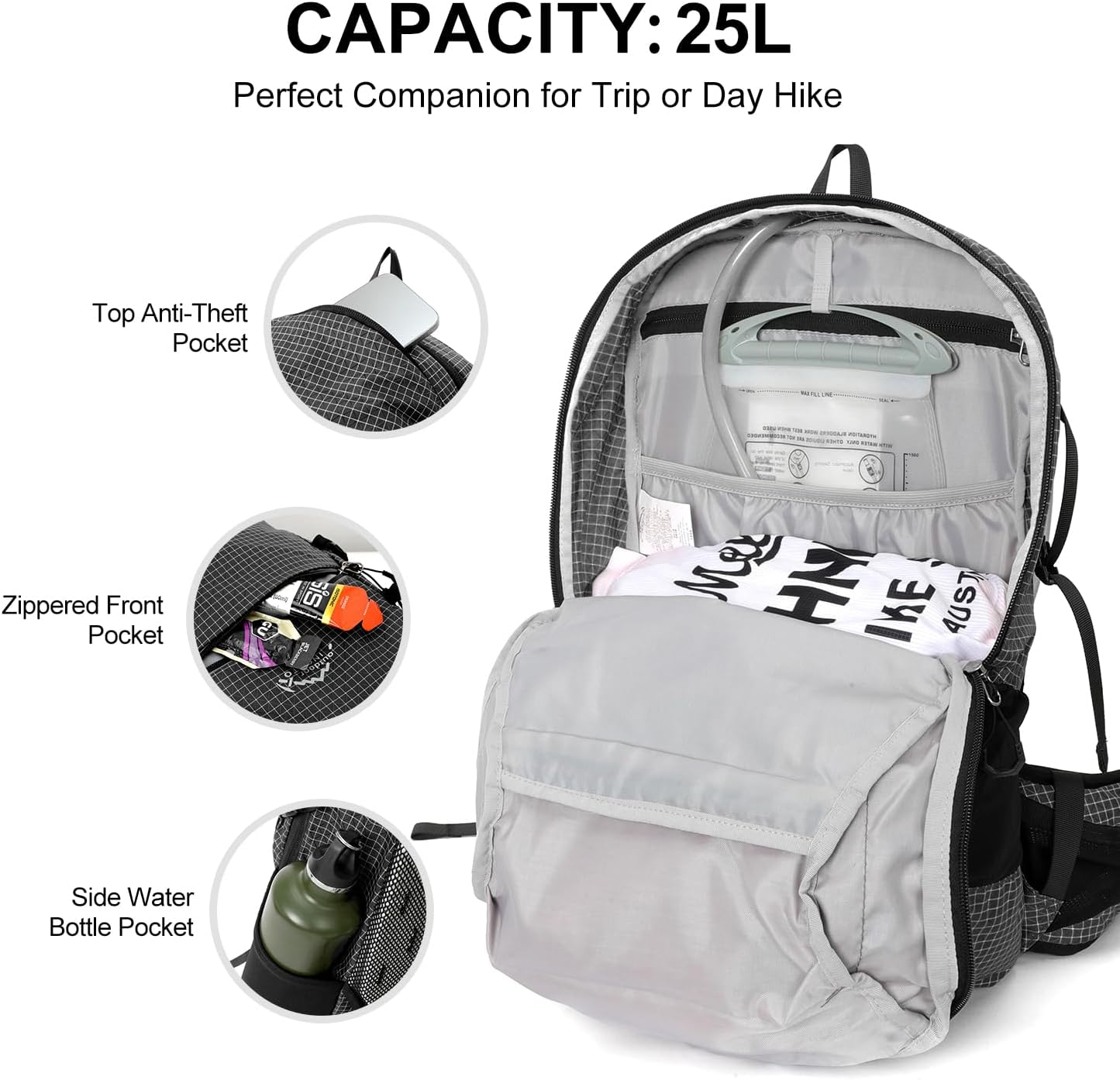 Hydration Backpack, 25L Hiking Backpack with 3L Water Bladder and Rain Cover, Hiking Water Backpack