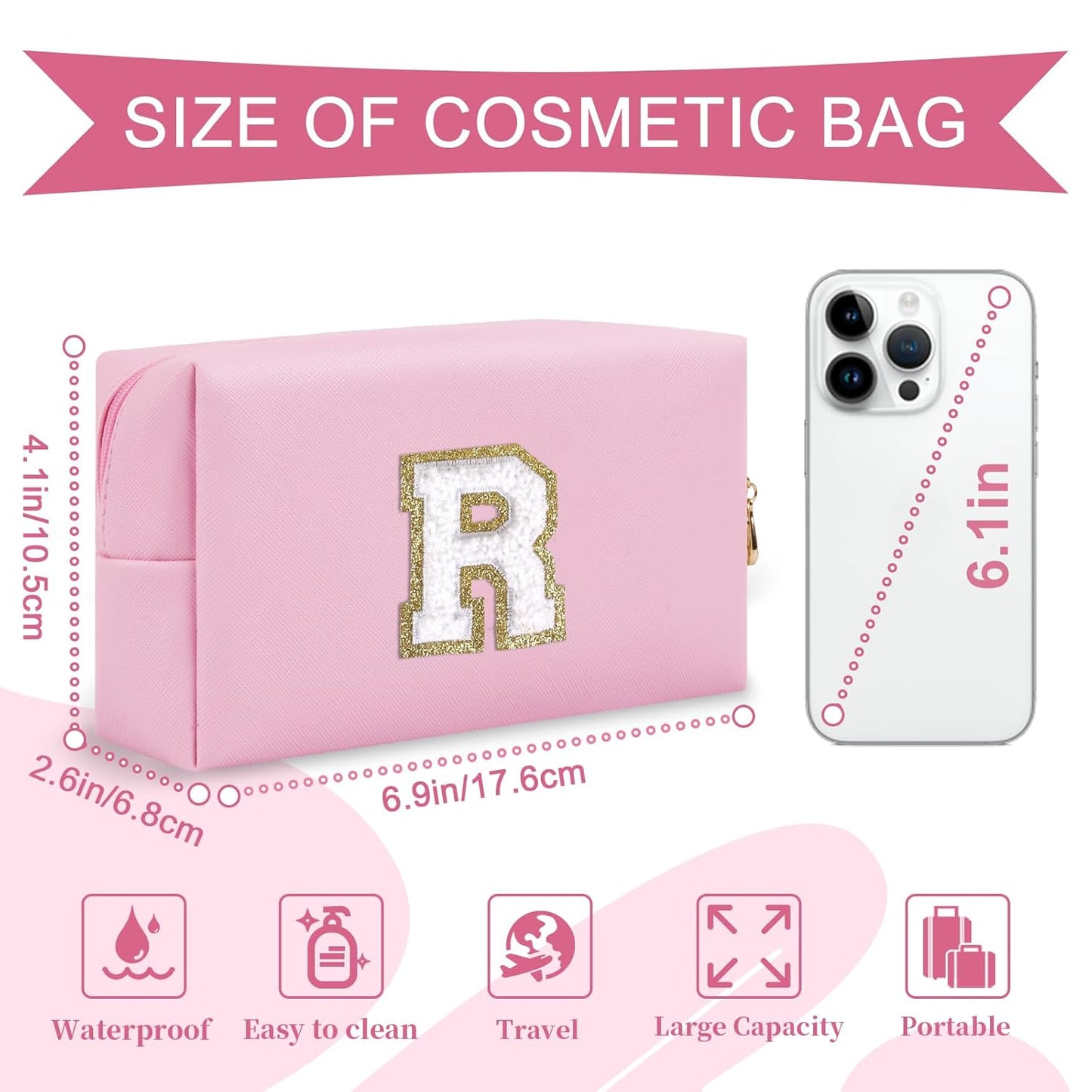 Personalized Initial A-Z Preppy Patch Makeup Bag,Small PU Chenille Letter Cosmetic Bag with Zipper