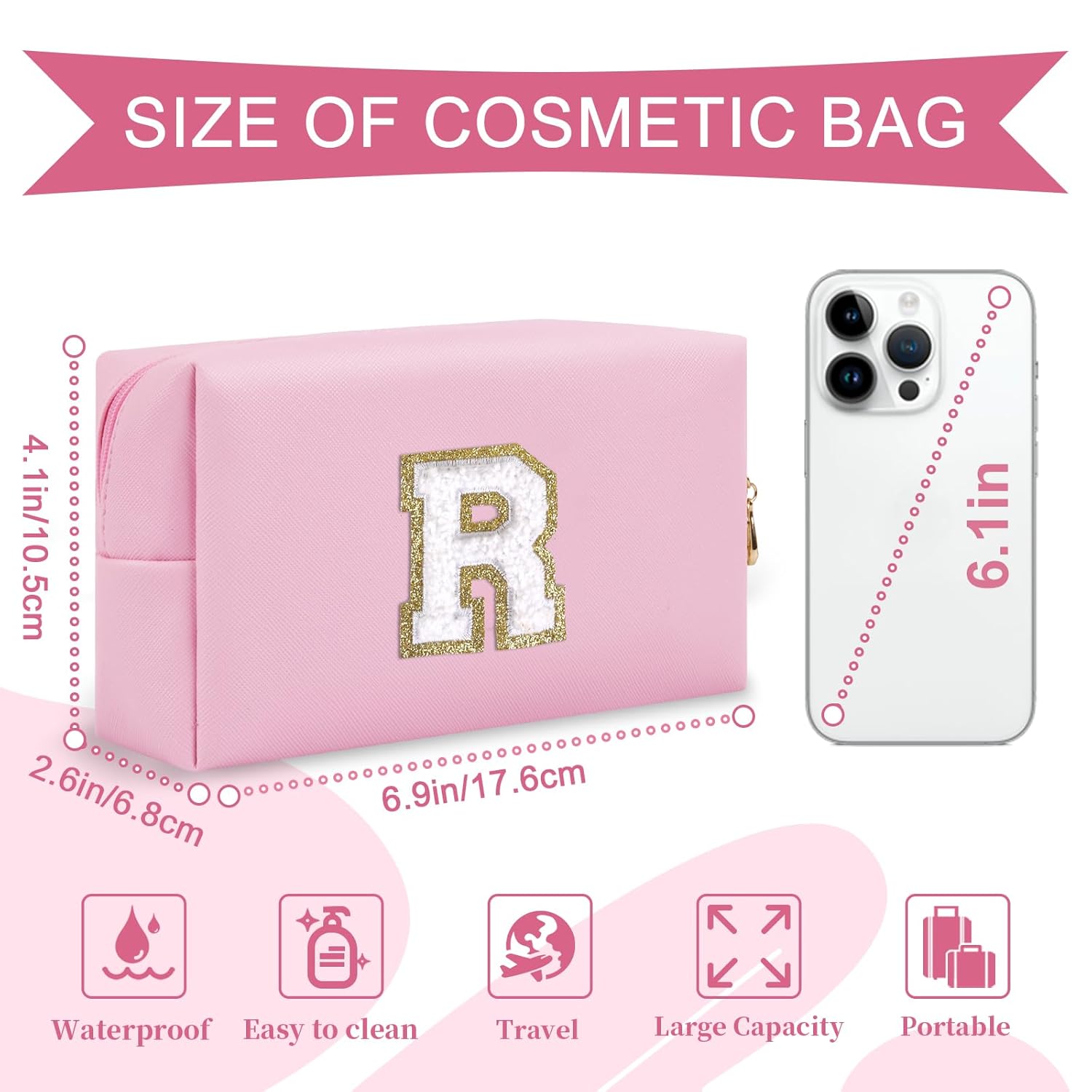 Personalized Initial A-Z Preppy Patch Makeup Bag,Small PU Chenille Letter Cosmetic Bag with Zipper