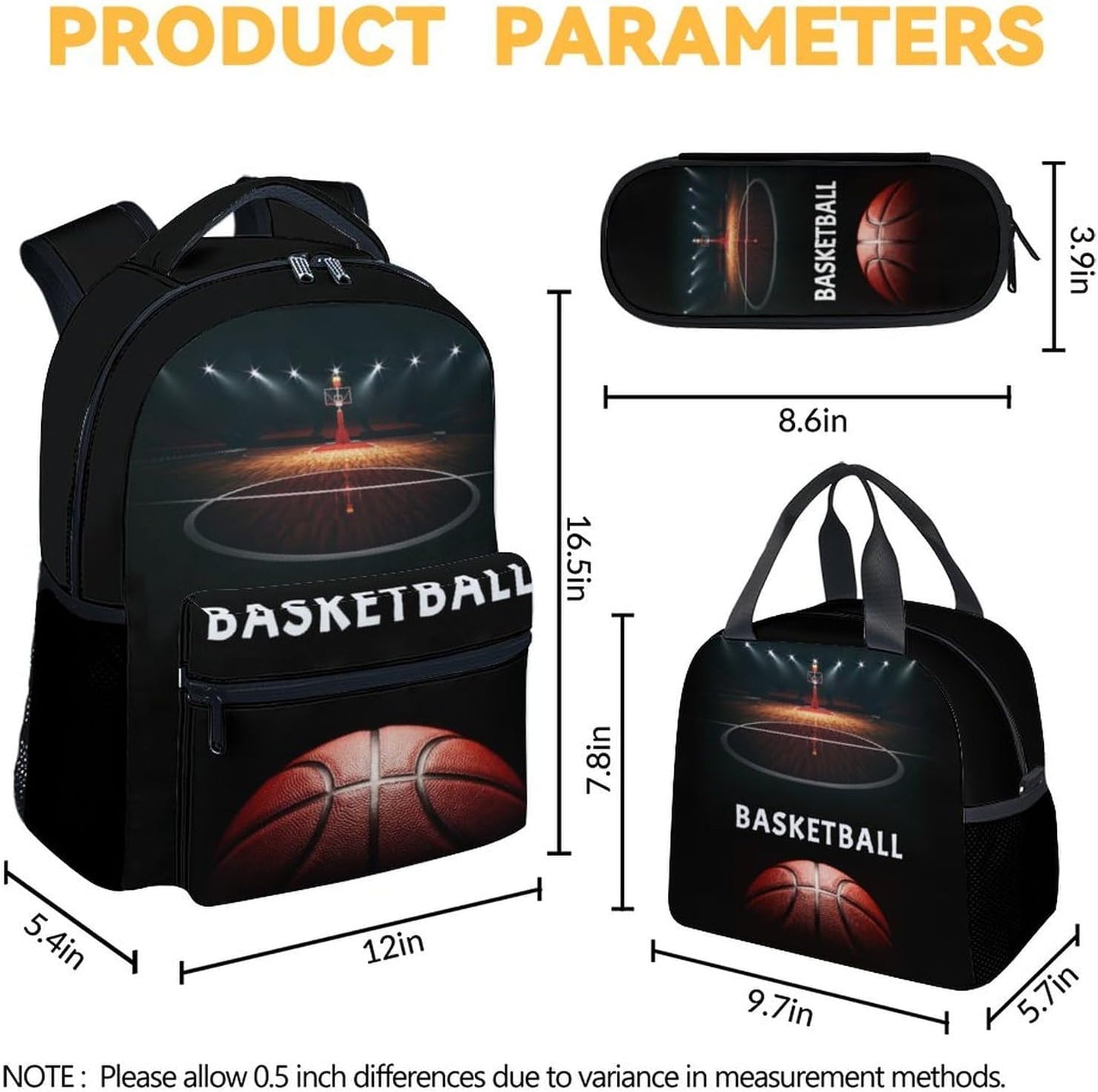 Mercuryelf Basketball Backpack with Lunch Box And Pencil Case, Elementary Kindergarten School Preschool Bookbag for Boys Girls Kids, Set of 3