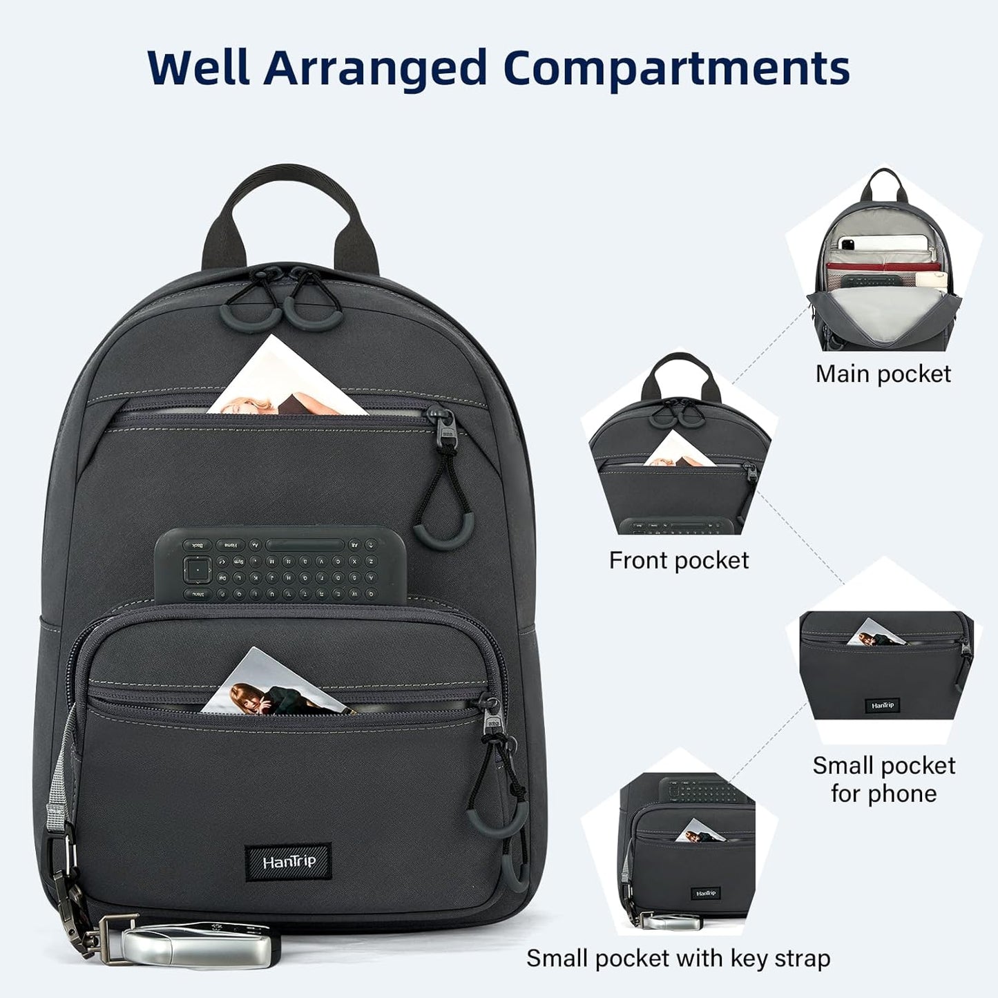 Carry On Travel Backpack For Men Women, 13 Inch Small Mini Work Bag Personal Item Backpacks, Camping Back Pack Lightweight Hiking Daypack For Office Nurse Commuter (Dark Gray)