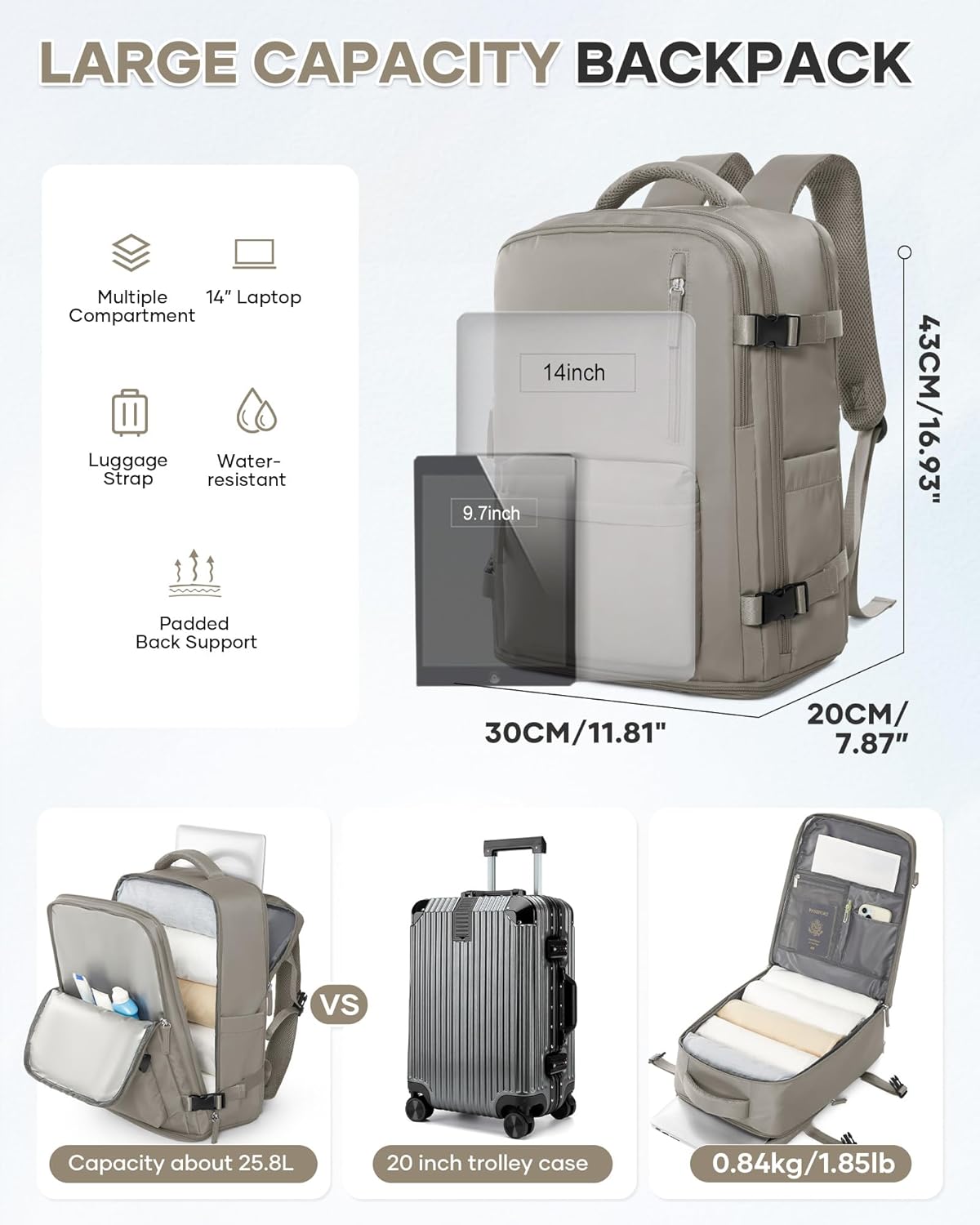 WONHOX Large Travel Backpack Carry on Flight Approved Laptop Work Business Backpack for Women Men Mochila de Viaje