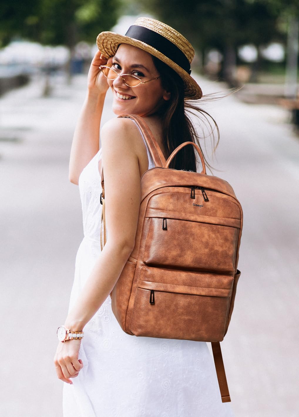 Leather Laptop Backpack for Women, Fits 15.6 Inch Laptop, Leather Backpack with 2 Water Bottle Pockets, Hidden Zipper and Luggage Strap, Ideal for Work, Travel, College, Everyday Use, Brown