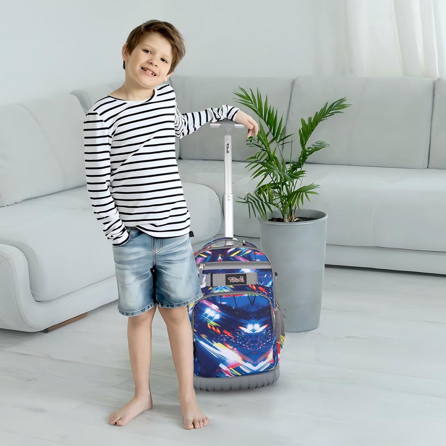 Tilami Rolling Backpack for Kids 18 Inch Wheeled Bookbag for Boys & Girls for School & Travel,Lighting Blue