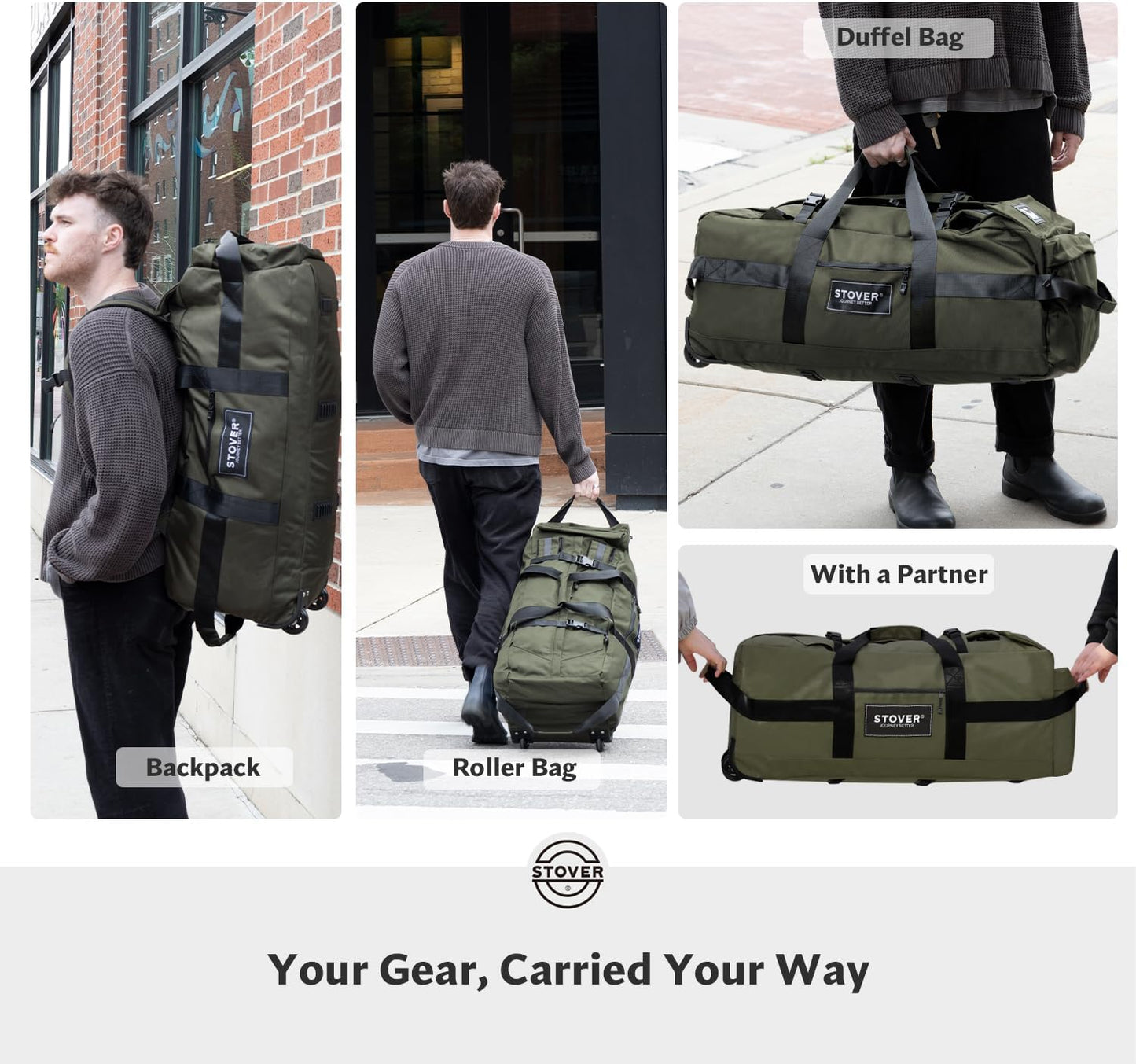 STOVER 80L Rolling Duffel Bag with Wheels, Large Durable Travel Duffle + Toiletry Bag, Heavy Duty, Packable, Foldable with Shoulder Straps- Use as Luggage or Backpack, Men/Women (Green)