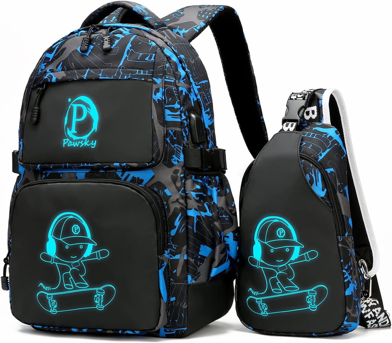 Skateboard Anime Luminous Backpack School Backpack with USB Charging Port for Teen Boys, College School Bookbag Lightweight Laptop Bag with Sling Bag Set, Blue