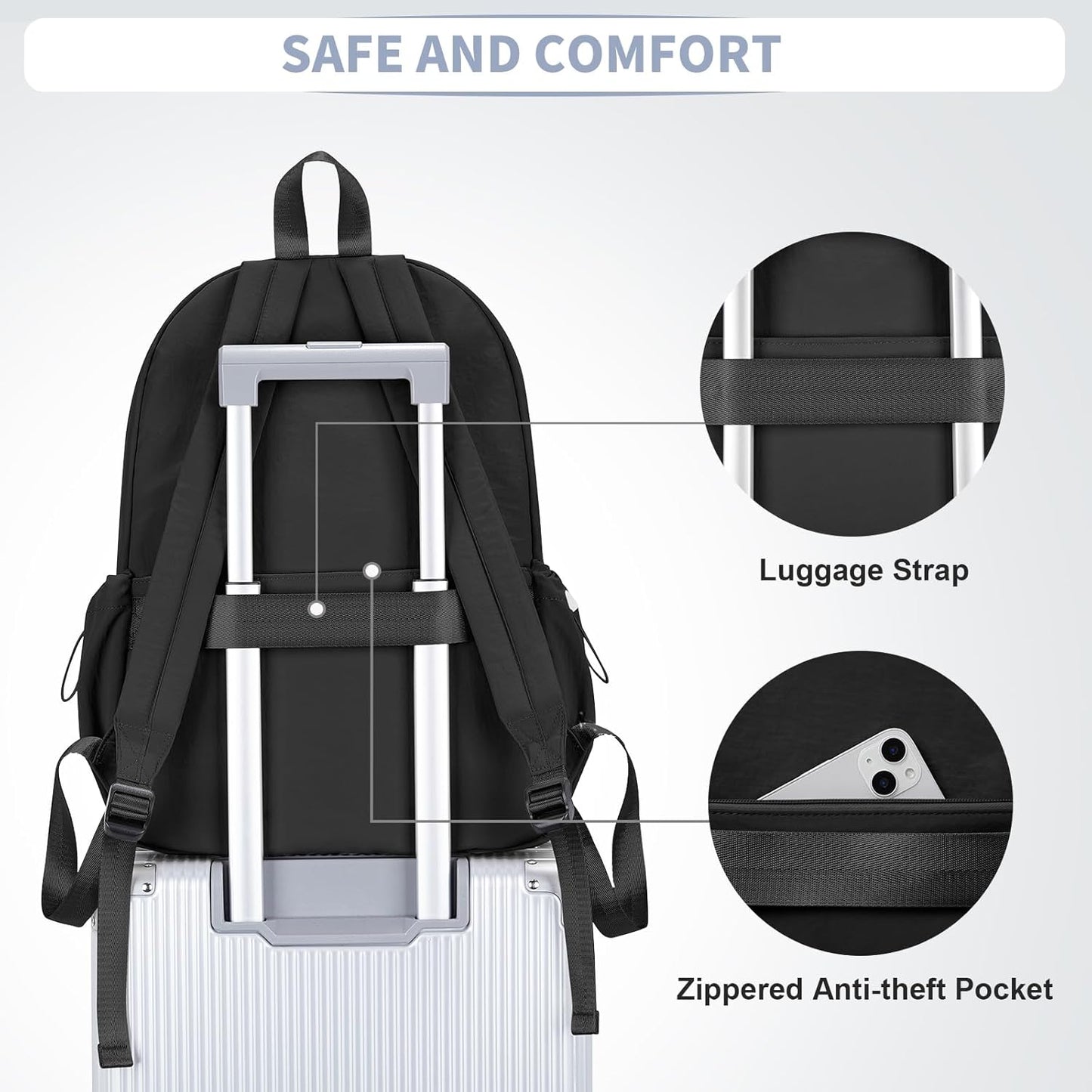 Simple Black School Backpack For Women Men Aesthetic Medium Backpack Lightweight Casual Daypack