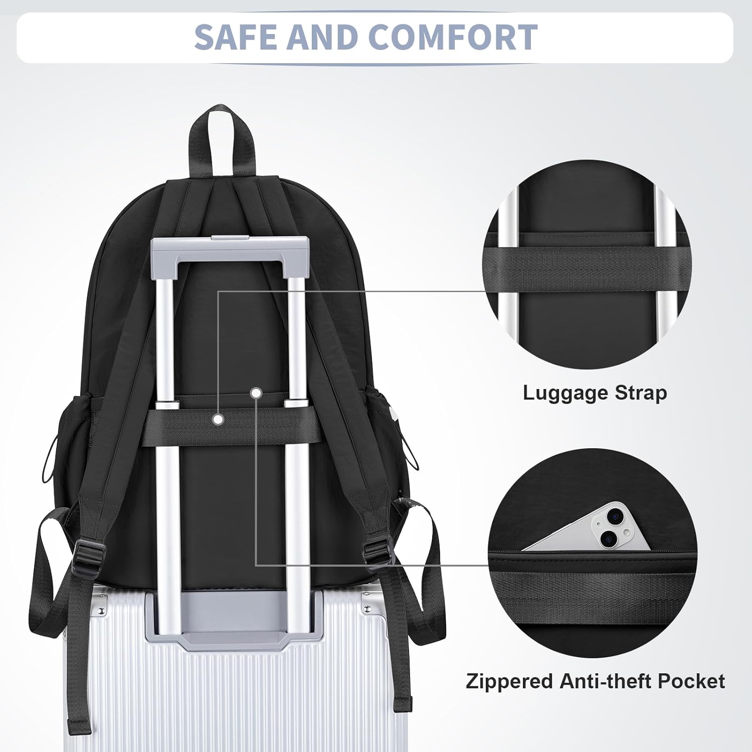 Simple Black School Backpack For Women Men Aesthetic Medium Backpack Lightweight Casual Daypack
