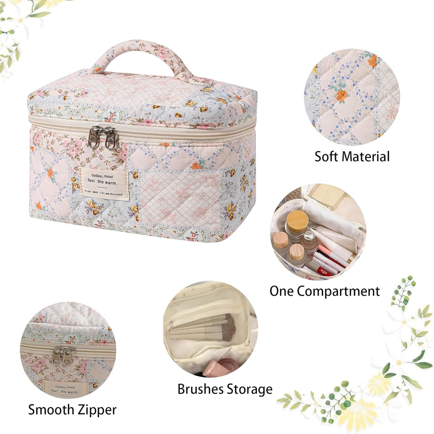 Quilted Makeup Bag, Large Makeup Bag, Cute Cosmetic Bag for Women Girls, Floral Coquette Aesthetic Patchwork Travel Toiletry Make Up Organizer Bag-Bees&Flower
