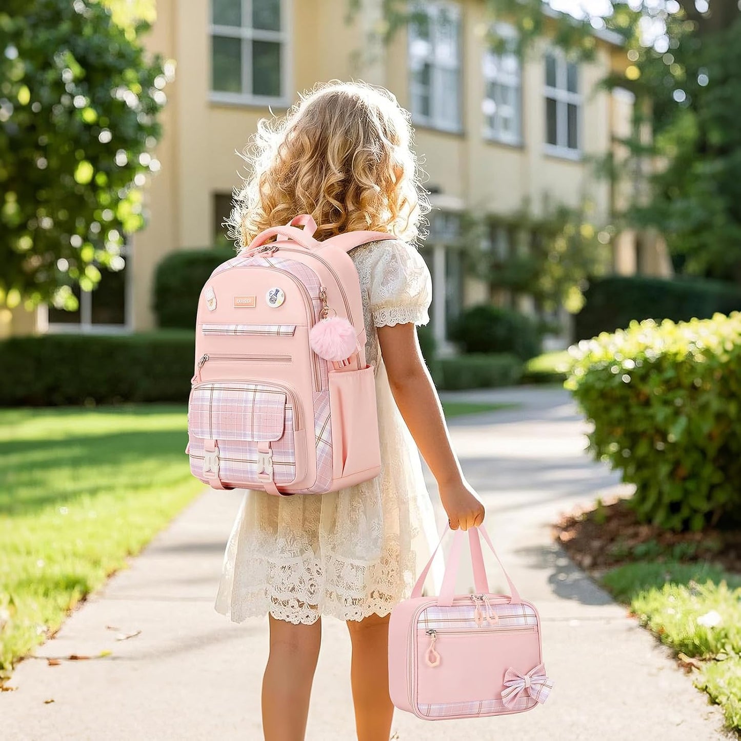 Girls Backpack, 2pcs Set Kawaii Kids Backpack with Insulated Lunch Box Bag Girls Bookbag School Bag for Age 6-12 Years Old, Pink Plain