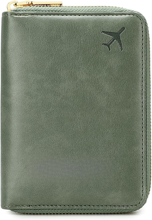 Genuine Leather Wallet Unisex Zipper Passport Holder RFID Blocking Waterproof - Vintage Travel Wallet (Green)