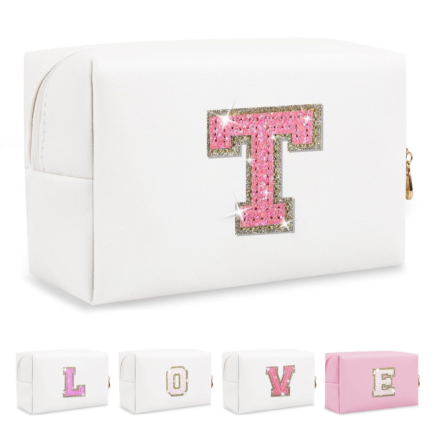 Small Initial Patch Makeup Bag Personalized Gifts Make Up Bag,White Cute PU Leather Glitter Letter Cosmetic Bag with Zipper,Trendy Portable Travel Toiletry Pouch,Preppy Stuff for Teen Girls Women T