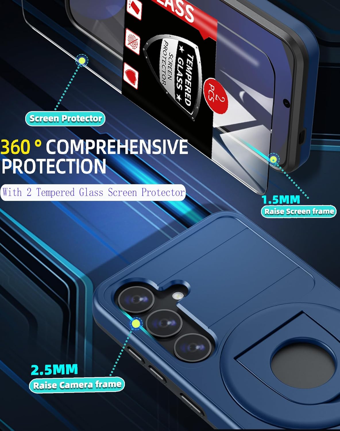 for Samsung Galaxy S24 FE Case Magnetic Compatible with MagSafe Wireless Charging,with 2 Screen Protectors,for S24 FE Case with Stand Ring Anti-Scratch Shockproof Heavy Duty Protection Blue