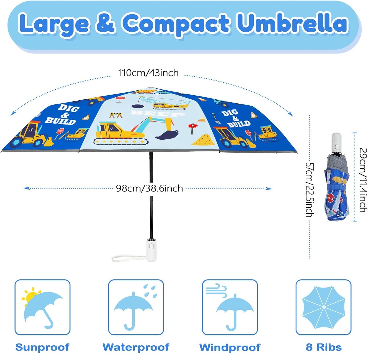 Autoamtic Kids Umbrella UV Resistant, Folding Compact Umbrella 360° Reflective Strip for Travel Outdoor, Lightweight Cute Kids Parasol Anti-rebound Safe for Toddler