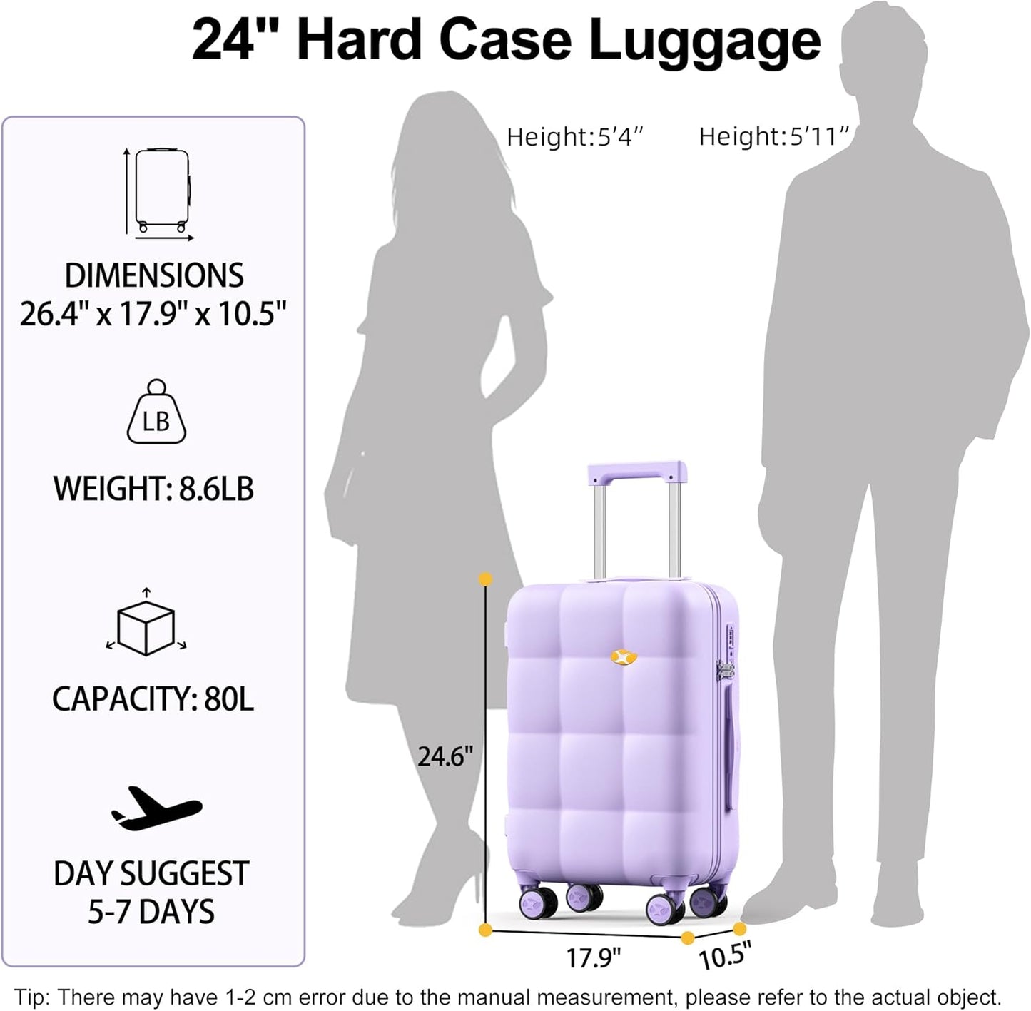 MGB 24 Inch Luggage Suitcases With Spinner Wheels Lightweight PC Hard Shell Rolling Suitcase with Travel Lock for Travel Woman Men, Checked-Medium 24-Inch, Purple