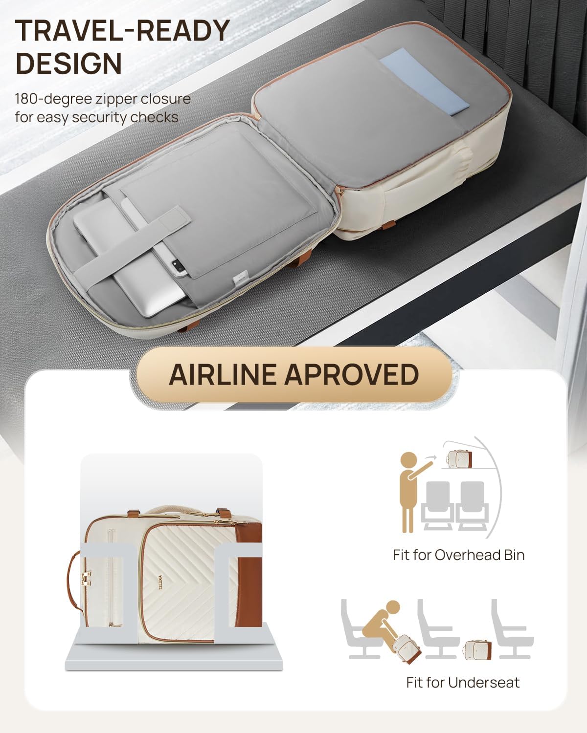 Telena Travel Backpack for Women, 17.3 inch Laptop TSA Carry On Personal Item Size Flight Approved Travel Bag Daypack with Multi-Pockets for Work, Travel, Business, Beige-Brown