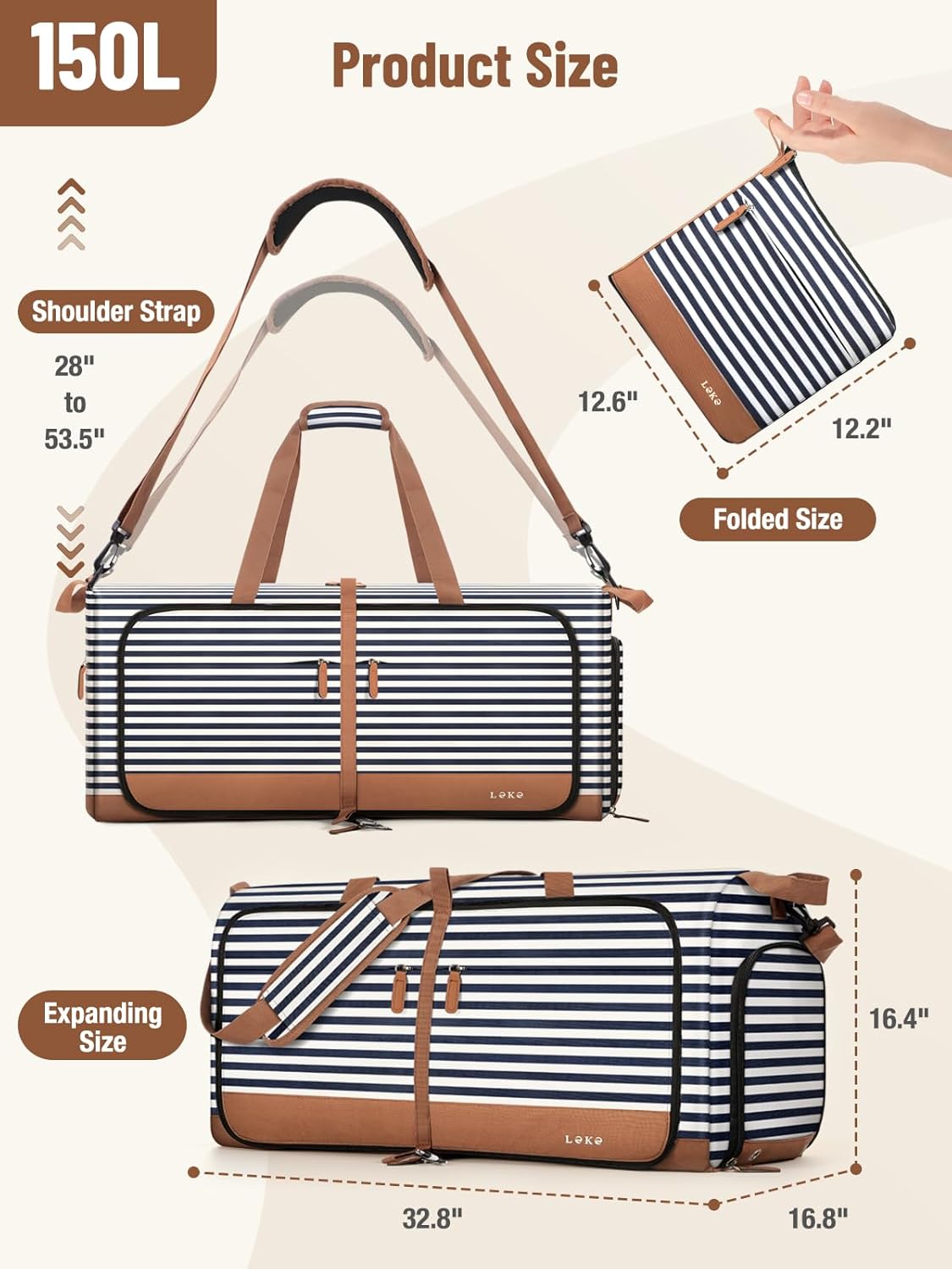 Lekesky Foldable Travel Duffle Bag for Women, Large Duffel Bag with Separate Shoes Compartments & Straps, Carry On Weekend Bag for Women, Hospital, Overnight (Blue Stripe, 150L)