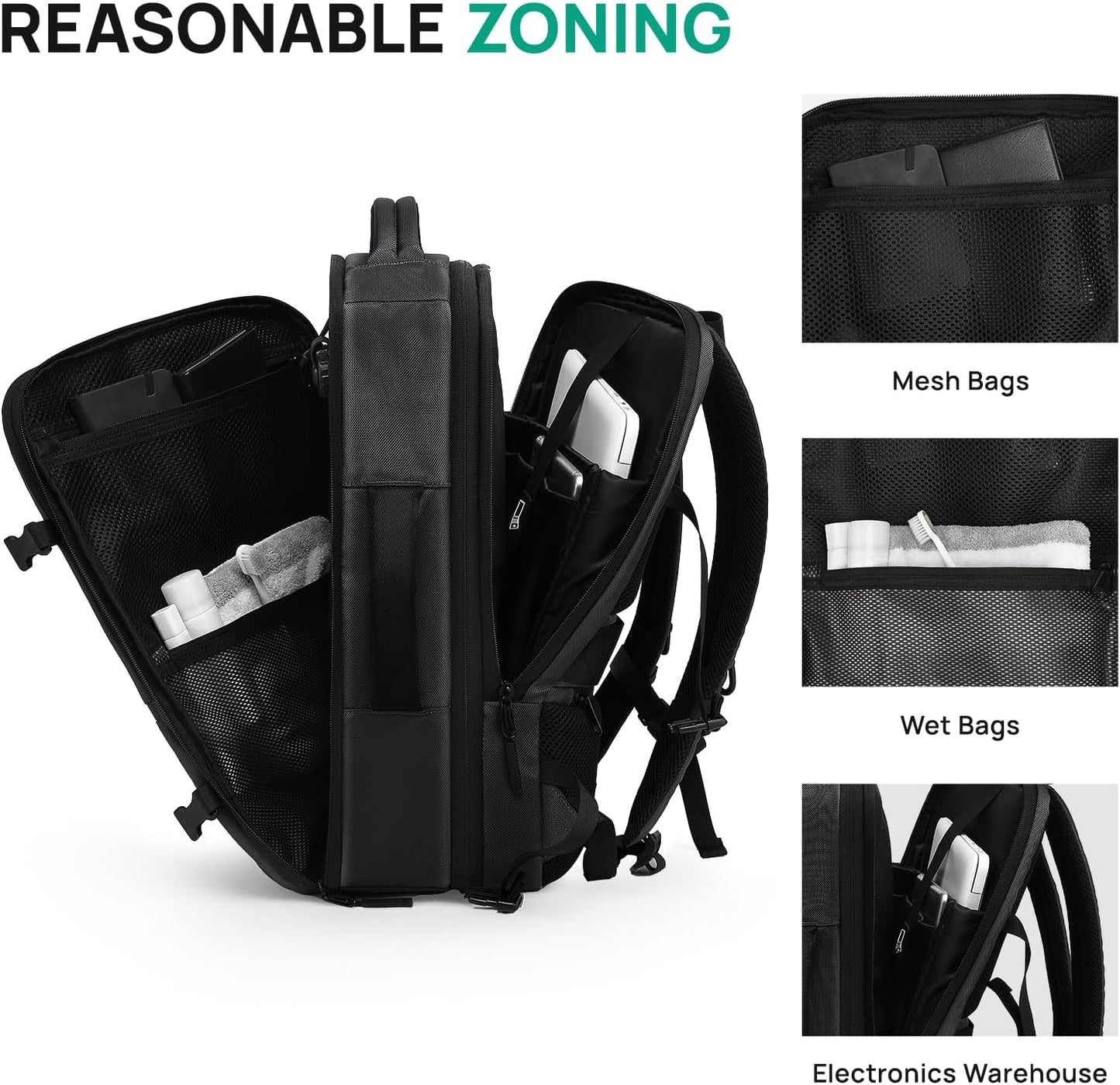 Dinictis Vacuum Seal Travel Backpack 60L Built-in Pump, Expandable Backpack with Vacuum Compression fits 17 inch Laptop, Waterproof Carry On Suitcase Luggage suit for Short Trip and Business-Black