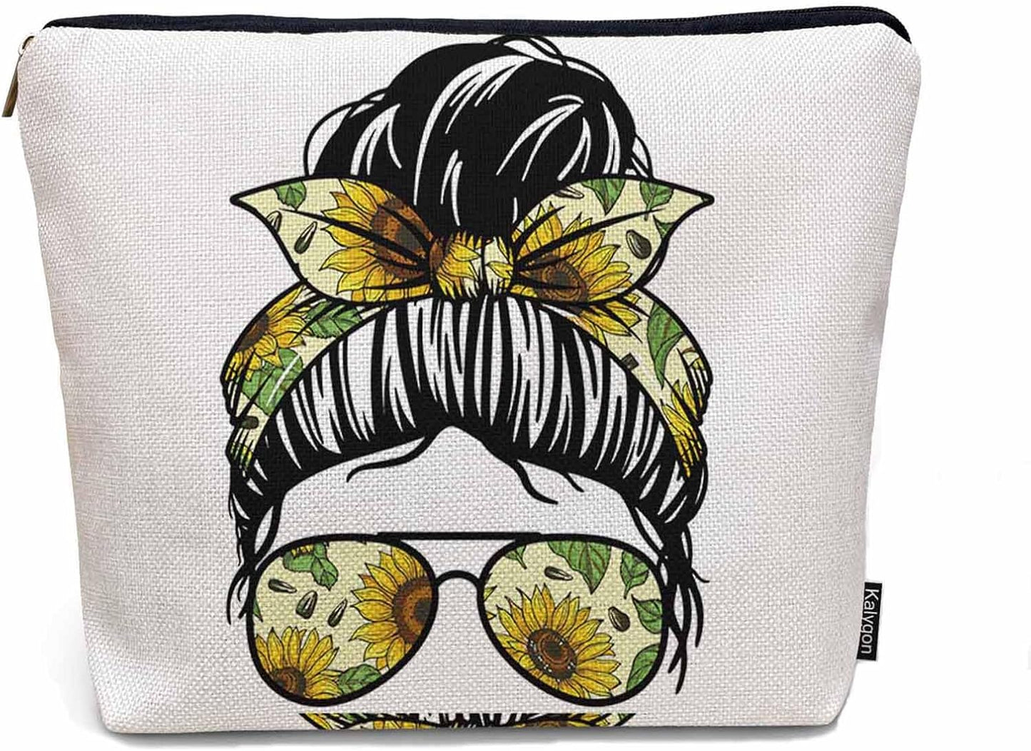 Women Makeup Organizer Bag Sunflower Woman, Messy Bun Woman Sunflowers Glasses Flax Cosmetic Bag Makeup Bags Toiletry Bag Accessories Organizer Travel Bags For Home Bathroom Office Hotel Gym