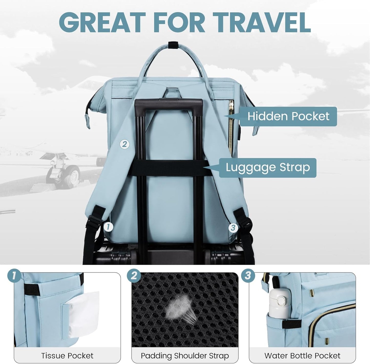LOVEVOOK Laptop Backpack for Women,17 Inch Professional Womens Travel Backpack Purse Computer Laptop Bag Nurse Teacher Backpack,Waterproof College Work Bags Carry on Back Pack with USB Port,Sky Blue