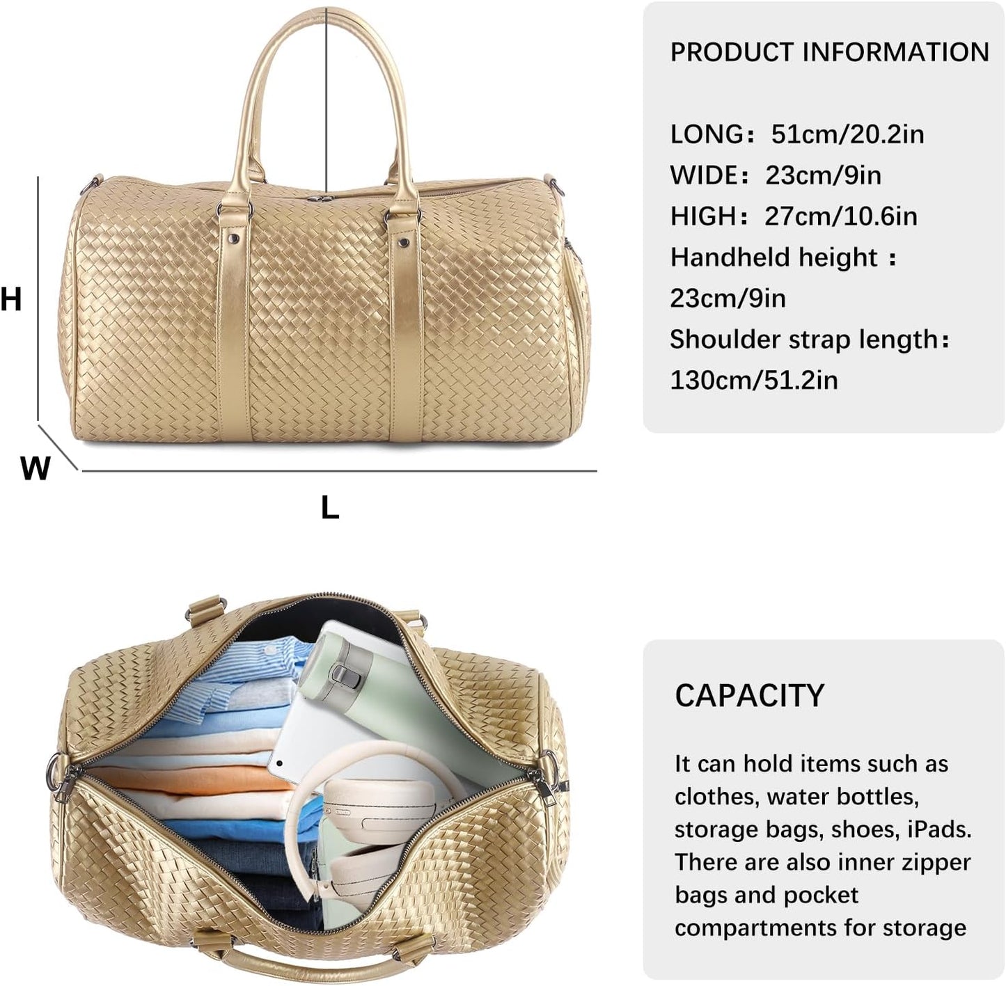 Weekender Bags for Women Woven Leather Travel Duffel Bag with Shoe Compartment, Carry On Garment Bag for Men Women, Large Capacity Water-resistant Gym Tote (Gold)