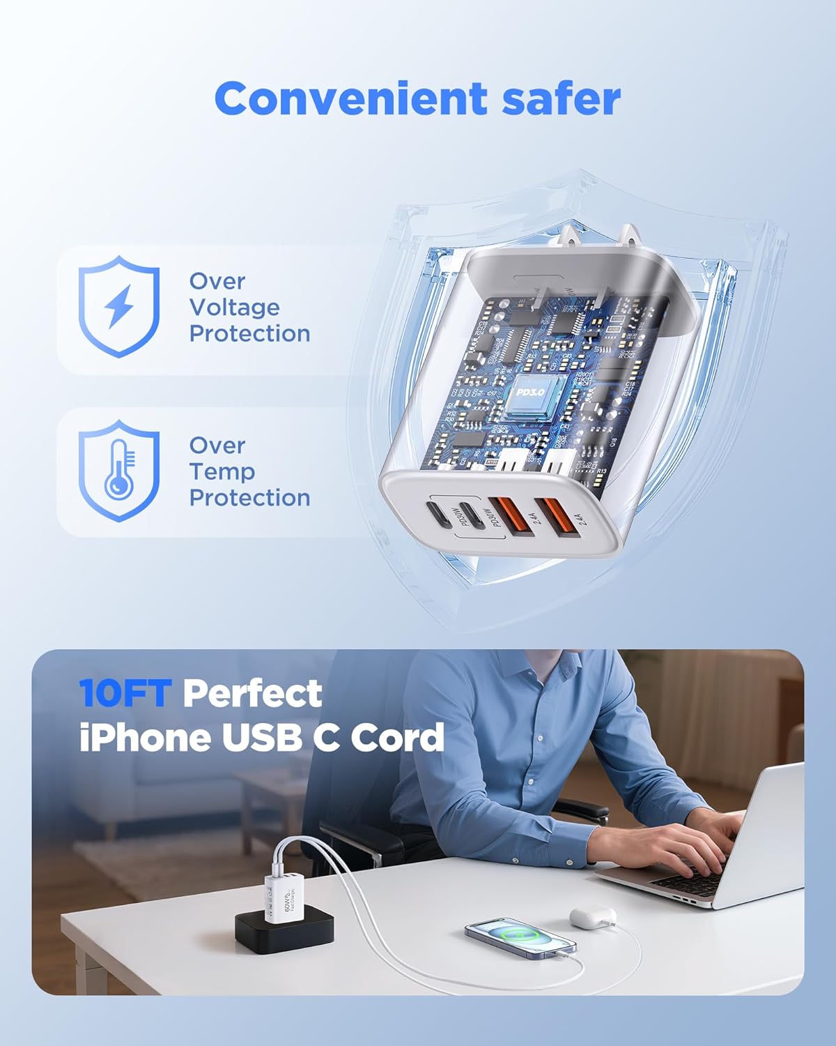 60W USB C Charger,2Pack 10FT iPhone 17 Pro Max Charger Fast Charging,4Port USB-A USB-C Fast Charging Block with 10ft USBC Cable Cord for Apple iPhone 17 Pro Max/17 Air/16Pro Max/15Plus/16/iPad,AirPods