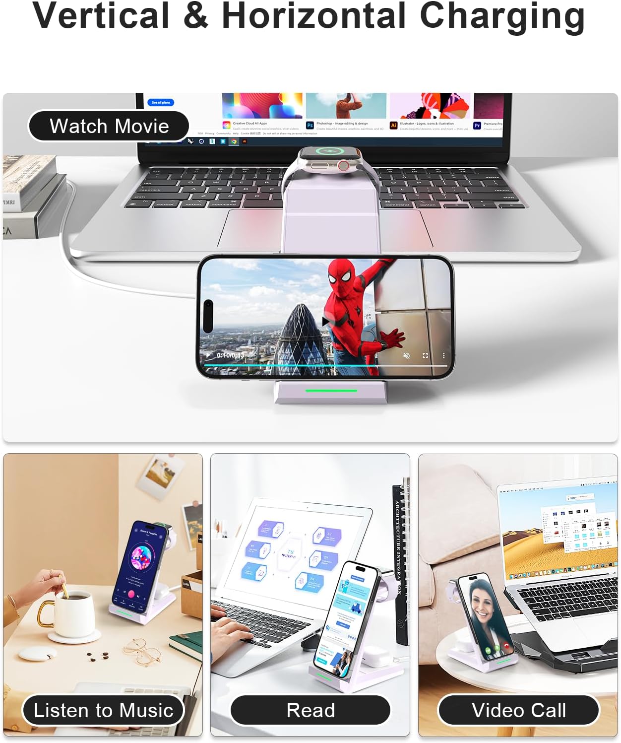 Wireless Charging Station for iPhone - ADADPU 3 in 1 Charger Stand for iPhone 17 16 15 14 13 12 11 Pro Max XR 8 Plus, Wireless Charging Dock for Apple Watch 8/7/SE/6/5/4/3/2, AirPods Pro/3/2 (Purple)