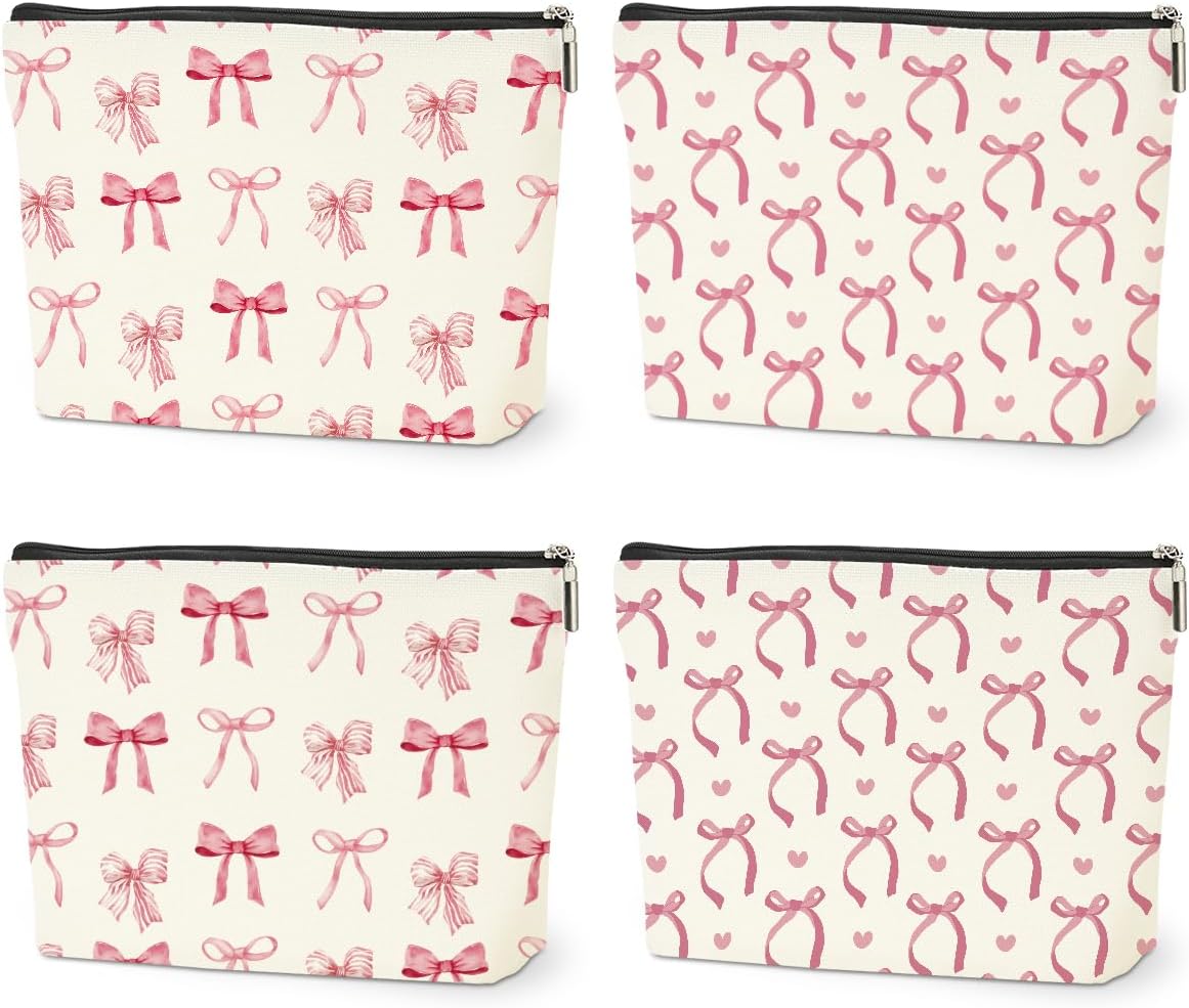4PCS Pink Bow Makeup Bag, Coquette Preppy Cosmetic Bags Bow Gifts for Women Girls Pink Trendy Toiletry Bag Best Birthday Christmas Gifts for Girls Women Sister Travel Bags