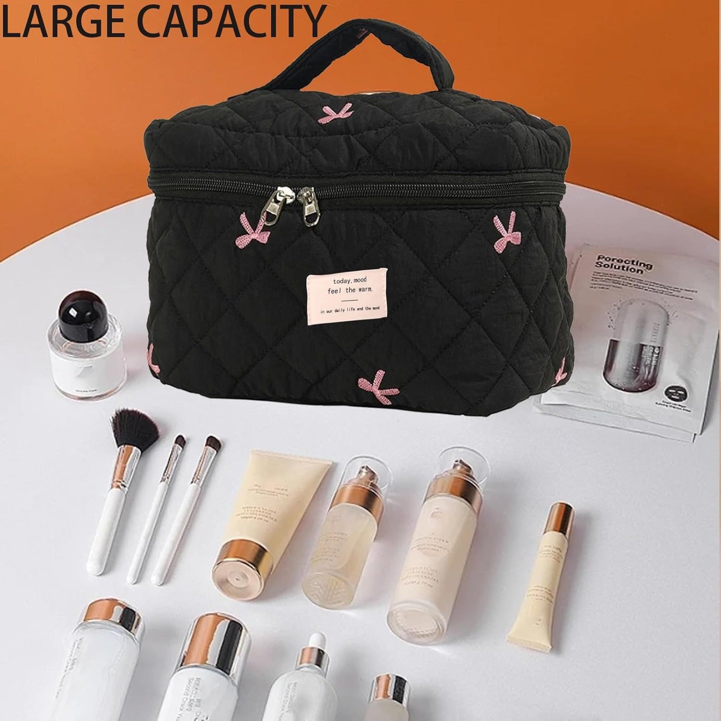 Quilted Makeup Bag, Large Makeup Bag, Cute Cosmetic Bag for Women Girls, Floral Coquette Aesthetic Travel Toiletry Make Up Organizer Bag-Black