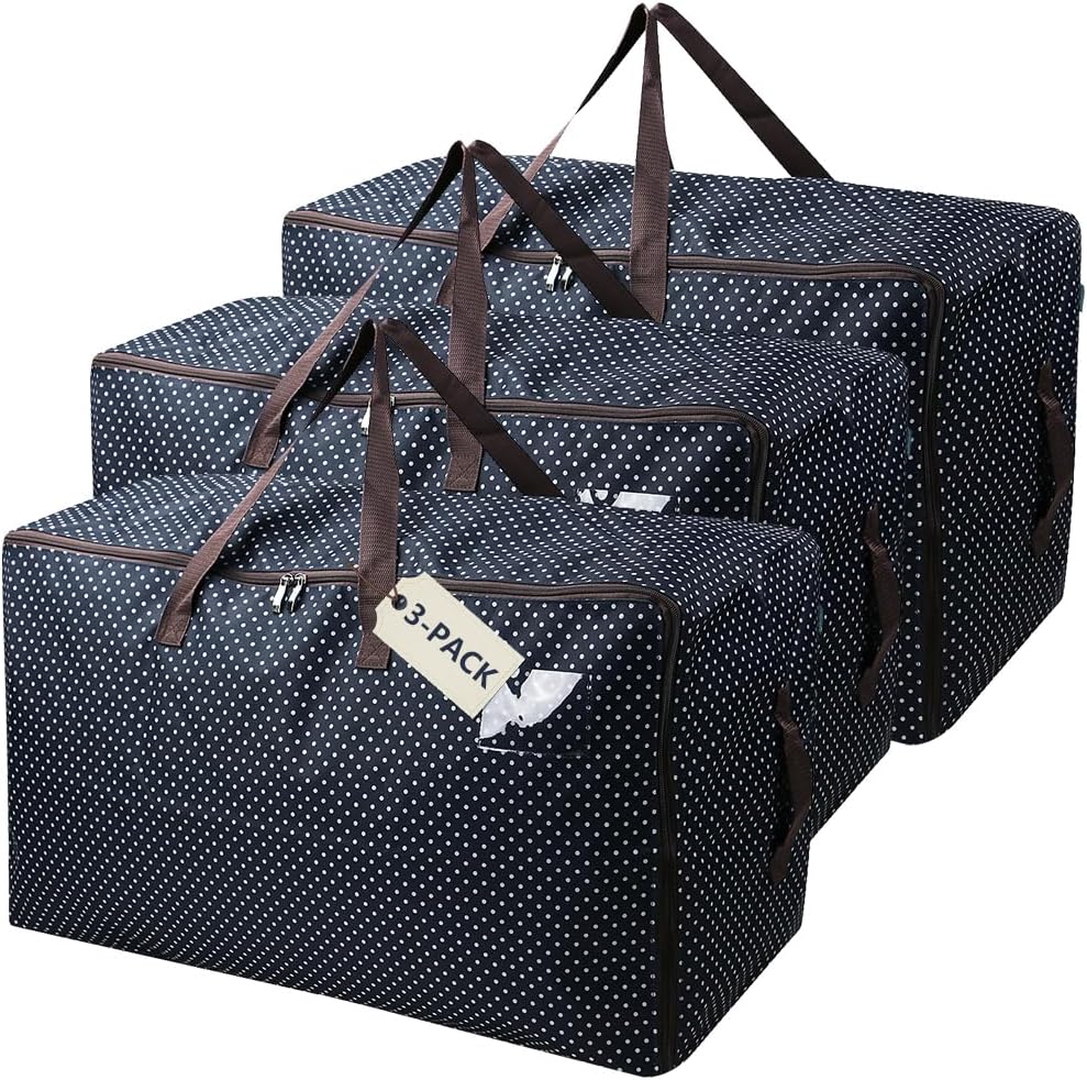 Pack of 3, 27.5 X 16.5 X 13.8", 3-Side Zip Open Storage Bags for Bulk Items Organizer, Travel Duffel Storage Bags, Water-resistant House Moving Organizer Bins with Handles, Black Dots