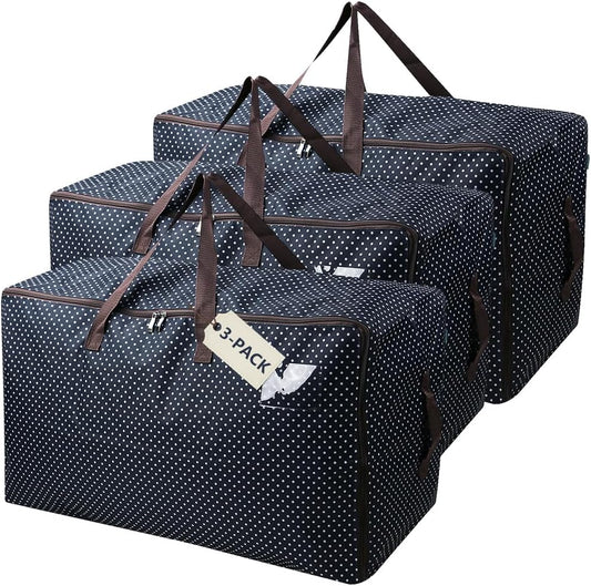 Pack of 3, 27.5 X 16.5 X 13.8", 3-Side Zip Open Storage Bags for Bulk Items Organizer, Travel Duffel Storage Bags, Water-resistant House Moving Organizer Bins with Handles, Black Dots
