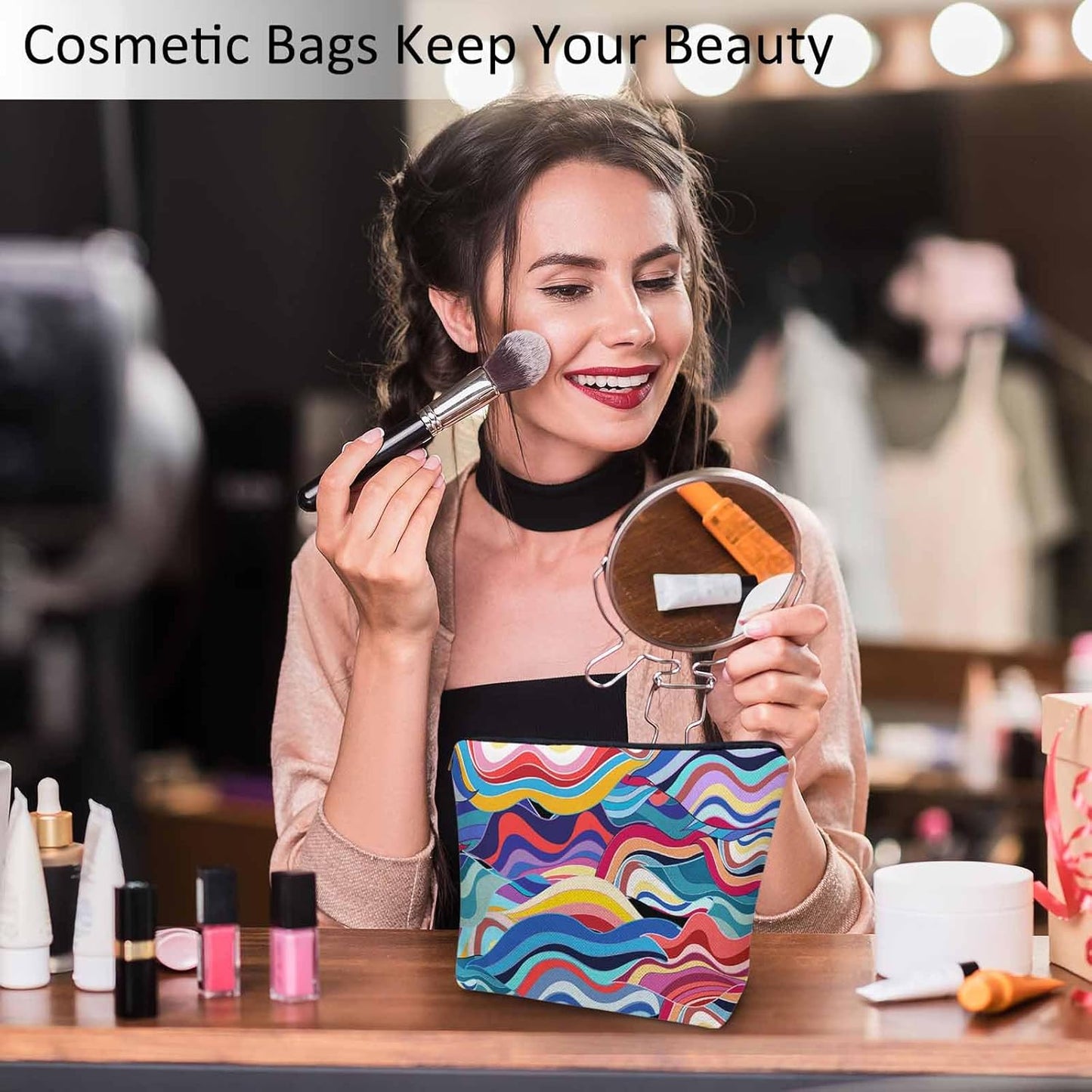 Ocean Waves Makeup Bags Makeup Organizer, Abstract Rainbow Waves Ocean Sea Flax Toiletry Bags Travel Cosmetic Bag Makeup Purse Pouch Skincare Bag Wallet Bags For Women Female Mom Daughter