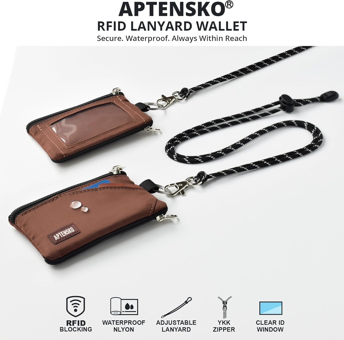 RFID Travel Wallet with Adjustable Lanyard-Zipper Small Wallet with ID Card Holder, Keychain for women&men-Minimalist Slim Waterproof Nylon case for ID, Cash, Key (Coffee)