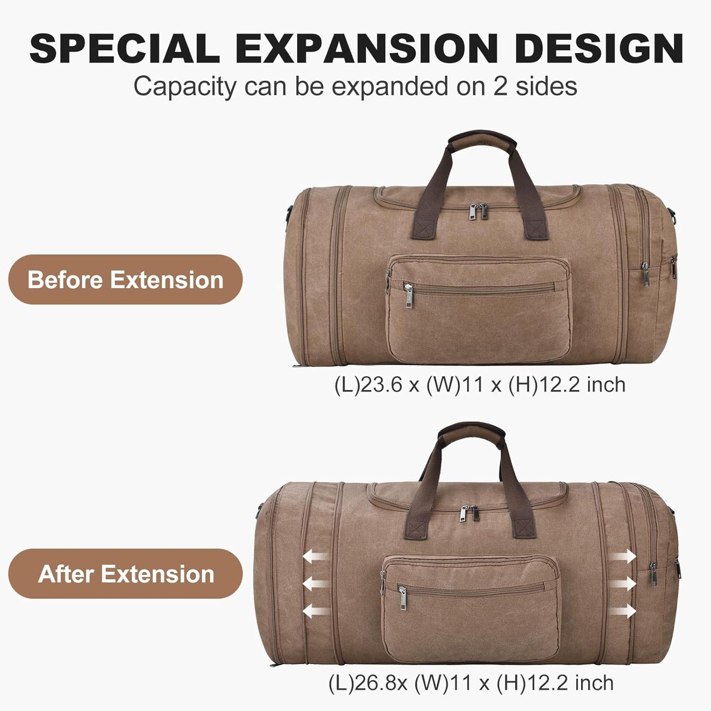 Felipe Varela 60L Duffle Bag for Men, Large Expandable Canvas Duffel Bag for Travel, Mens Carry On