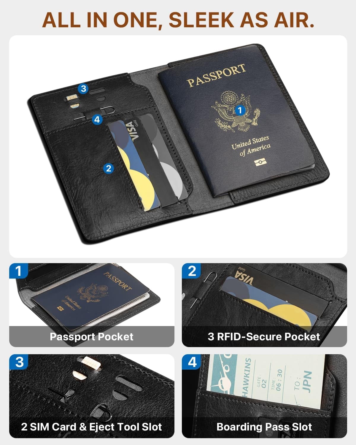 Passport Holder for Travel, Genuine Leather Passport Holder with AirTag Slot, RFID Passport Cover for Airport Essentials, Travel Wallet, Travel Must Haves Gifts