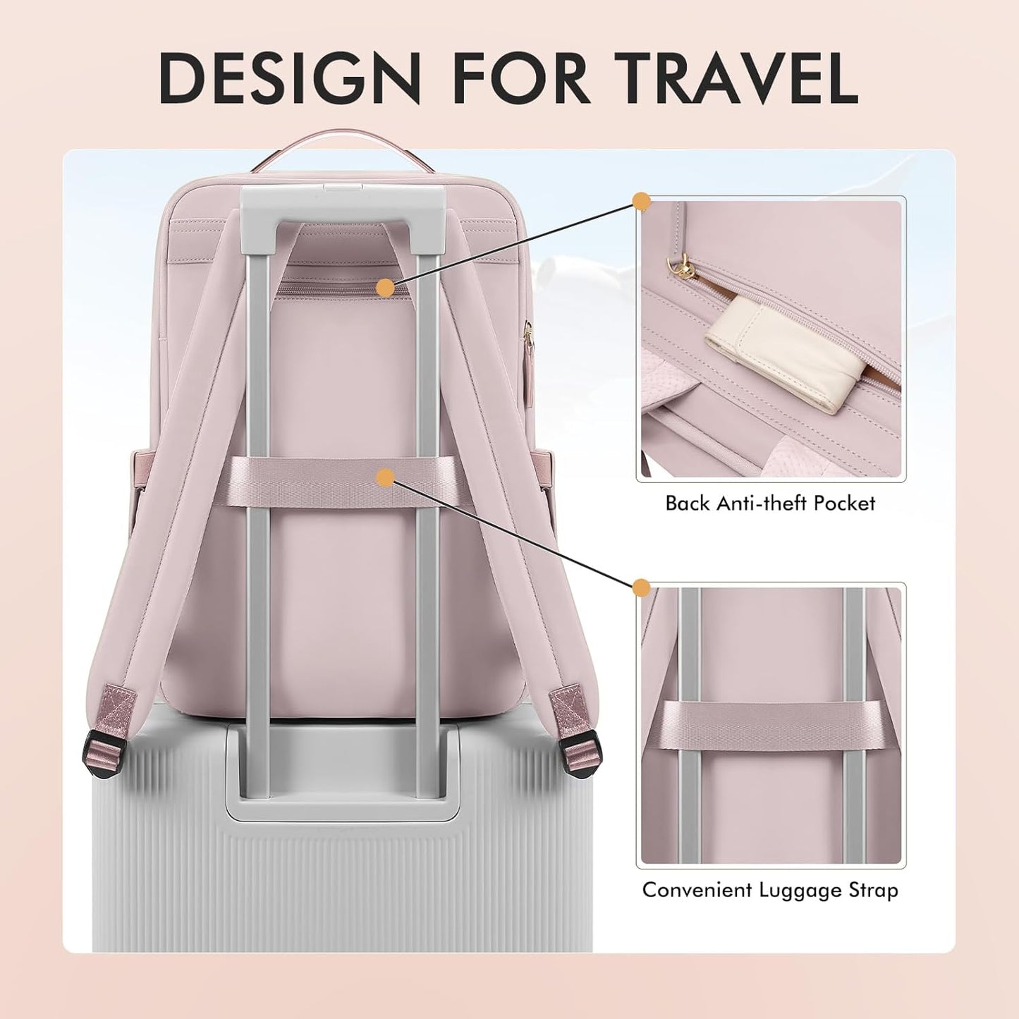 GOLF SUPAGS Travel Laptop Backpack for Women Airline Approved for Work College Travel Multi-Functional Casual Daypack Teacher Nurse Bags Fits 15.6 Inch Notebook (Pinkish Grey)