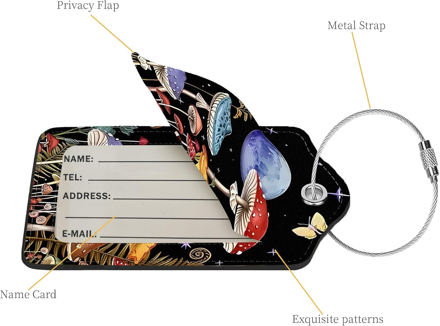 2 Pcs Luggage Tags for Suitcase, Cute Unique PU Leather Travel Bag Tag with Privacy Cover ID Label Address Card and Durable Metal Ring Suitable for Men Women Children Backpack,Mushrooms