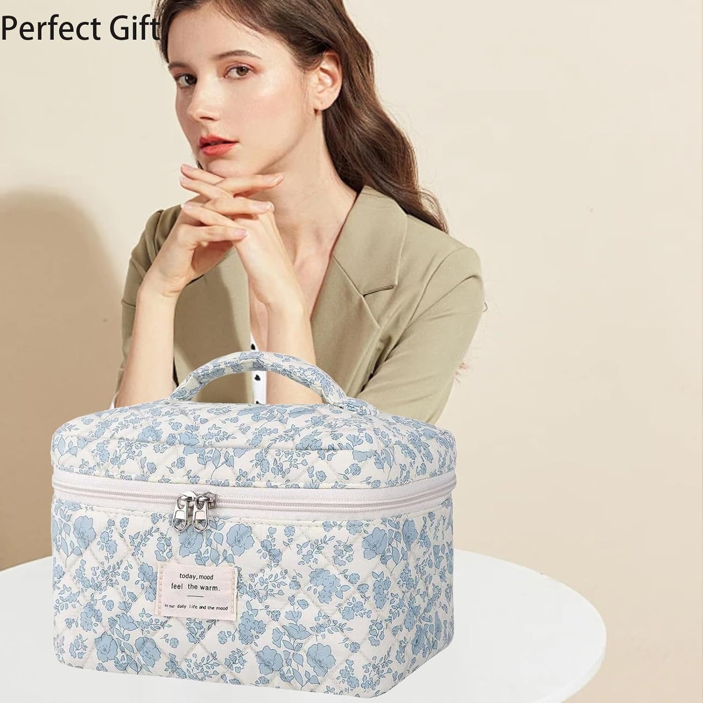 Quilted Makeup Bag, Large Makeup Bag, Cute Cosmetic Bag for Women Girls, Floral Coquette Aesthetic Travel Toiletry Make Up Organizer Bag-Light Blue