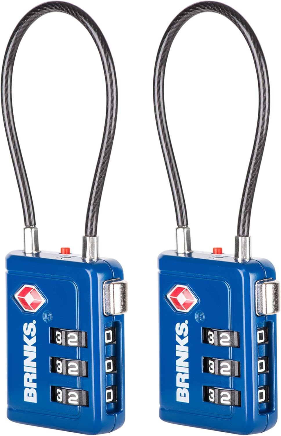 Brinks TSA Accepted Indicator Luggage Lock, Blue - Resettable 3-Dial Combination, 2.5 inch Long Cable Shackle, New More Secure TSA008 Key, 2 Pack