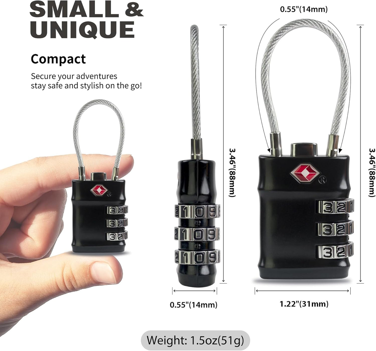 TSA Locks for Luggage, 3 Digit Combination Padlock, Luggage Locks TSA Approved 2 Pack, Combo Cable Padlocks with Code, for Gym Locker, Suitcase, Gun Case, Backpack Zipper (Black+Black)