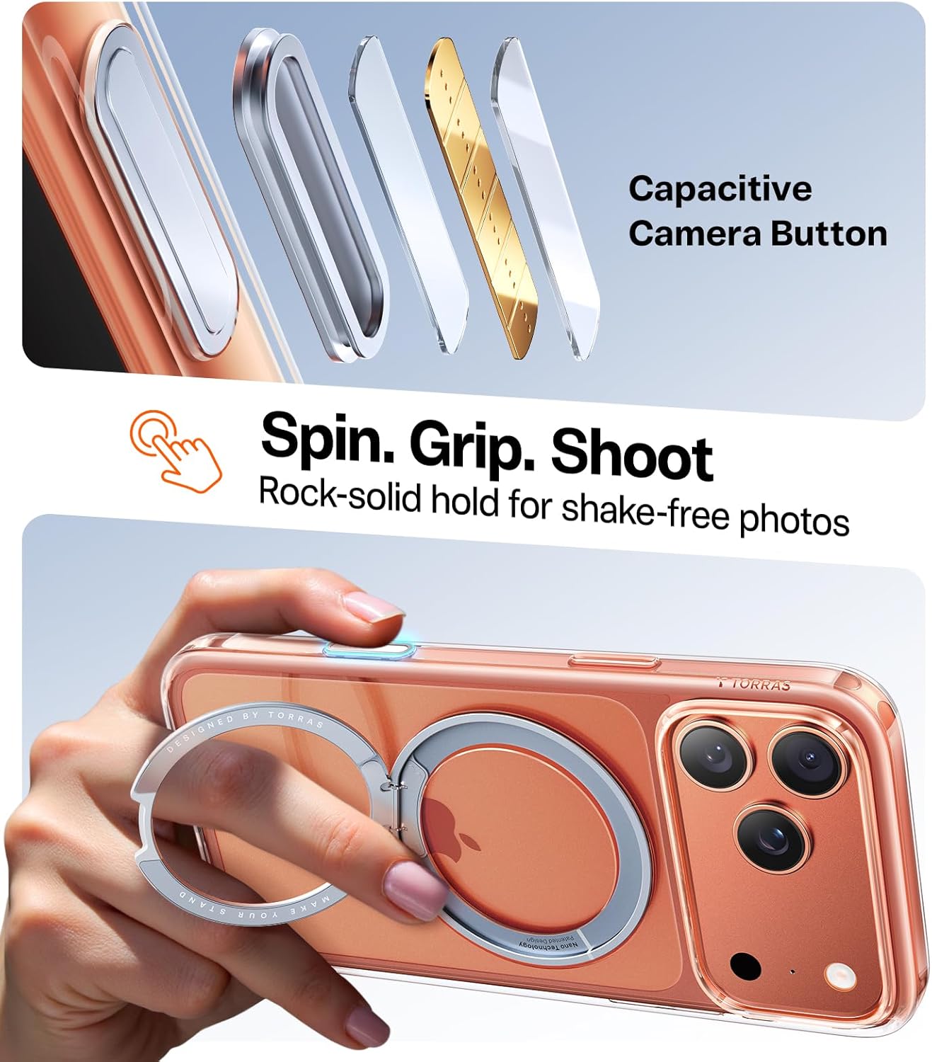 TORRAS Upgraded 360 Rotatable Magnetic Stand for iPhone 17 Pro Max Case, Fit for MagSafe with Ring, Mil-Grade Protection, Camera Control, Anti-Yellowing Slim Case for iPhone 17 ProMax Ostand, Clear