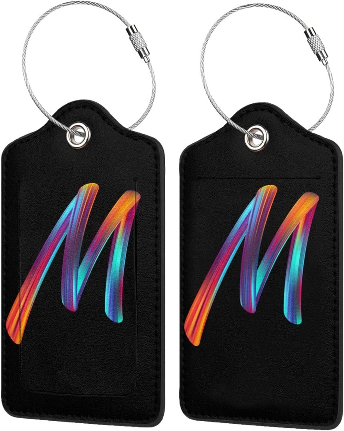 2 Pack Initial Luggage Tags for Suitcase, Colorful Letter Design Cruise Name Bag Tags, Novelty Baggage Identifiers with Full Privacy Cover, Leather ID Label for Women Men Kids Travel, Rainbow Letter M