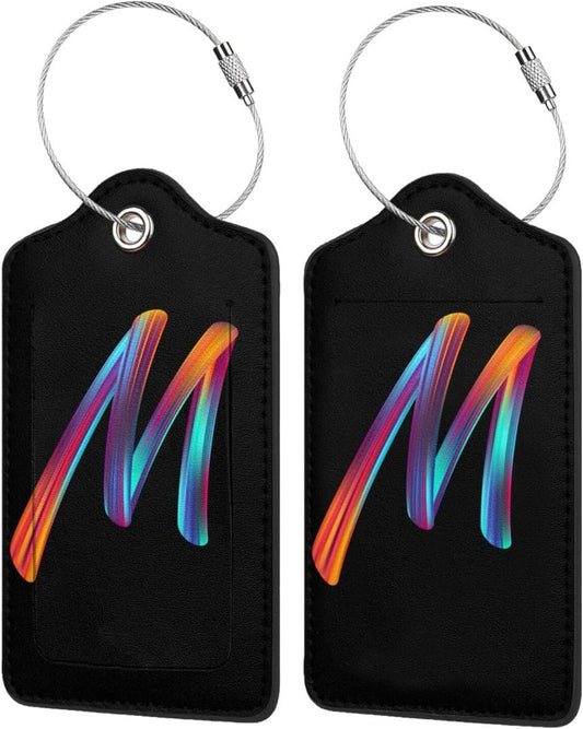 2 Pack Initial Luggage Tags for Suitcase, Colorful Letter Design Cruise Name Bag Tags, Novelty Baggage Identifiers with Full Privacy Cover, Leather ID Label for Women Men Kids Travel, Rainbow Letter M