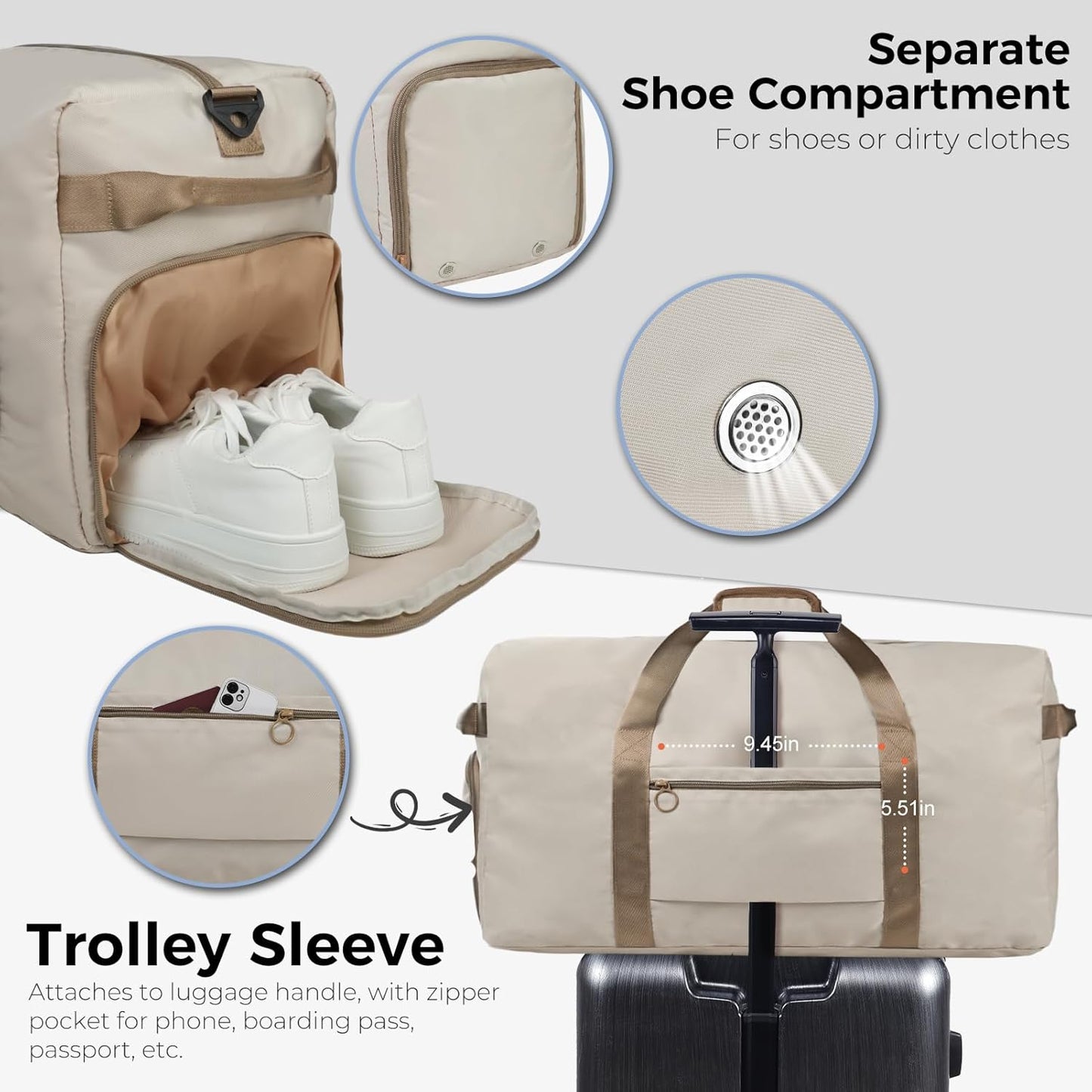 Fmeida 65L Duffle Bag with Shoes Compartment, Foldable Travel Duffel Bags for Men Women, Large Packable Travel Bag Water Repellent & Tear Resistant (Beige)