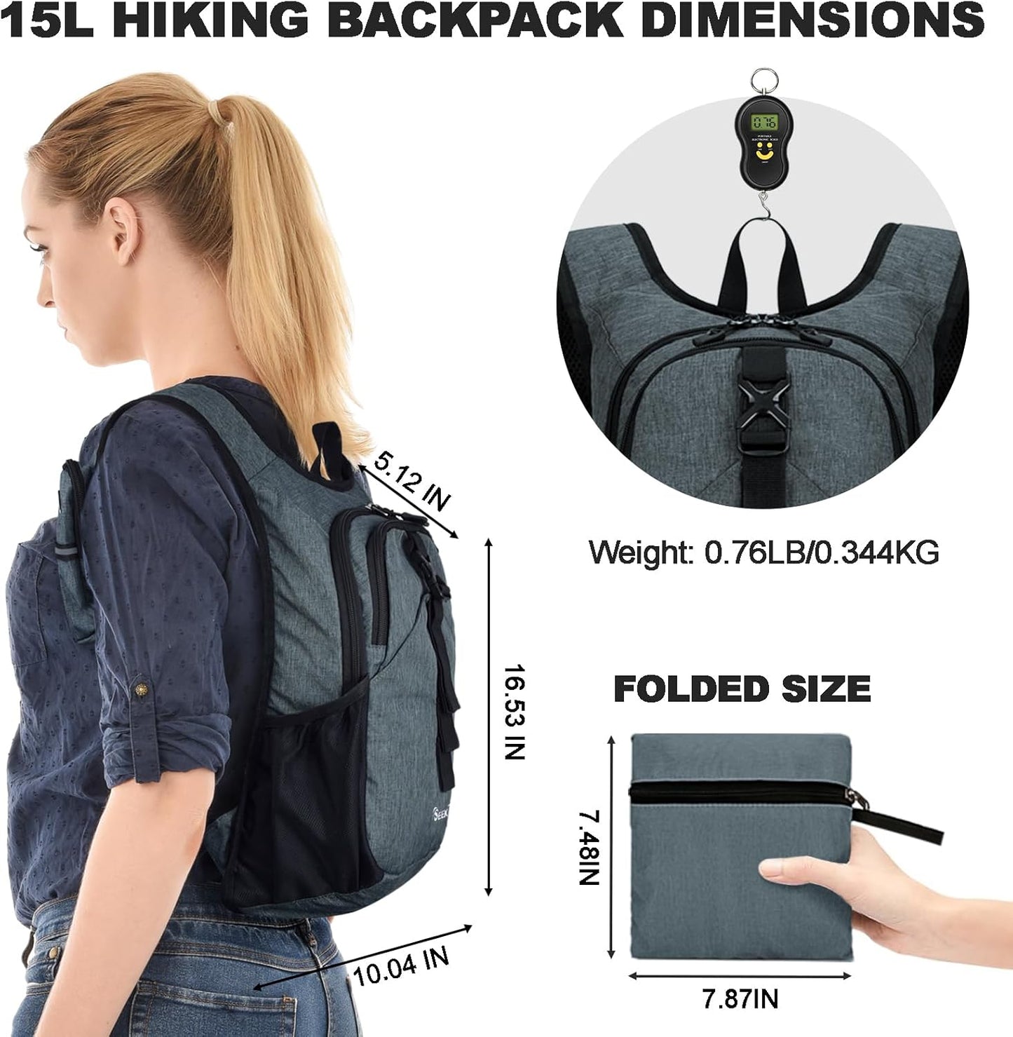 Seektop 15L Small Hiking Backpack for Women Men, Lightweight Hiking Packable Daypack with Phone Pocket for Travel Camping (Grey, 15L)